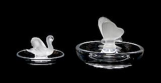 A Lalique Molded and Frosted Glass Ring Tray Height of larger 3 1/2 inches.