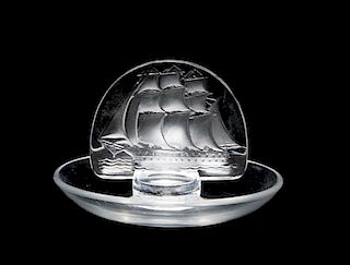 * A Lalique Molded and Frosted Glass Ring Tray Height 2 3/8 inches.