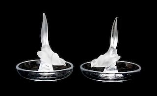 * A Pair of Lalique Molded and Frosted Glass Ring Trays Height 4 x diameter 3 3/4 inches.