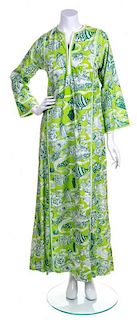 A Lilly Pulitzer Green and White Floor Length Caftan, Size S.