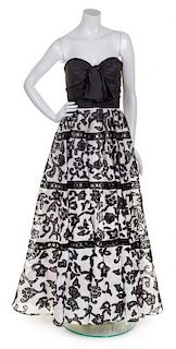 * An Oscar de la Renta Black and White Embroidered Strapless Gown, Size: 10.