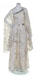 An Adolfo Cream and Silver Layered Silk Chiffon Evening Gown,