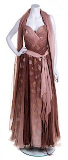 A Bob Mackie Brown Strapless Layered Gown,
