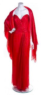 A Bob Mackie Red Strapless Layered Gown, Size 10.
