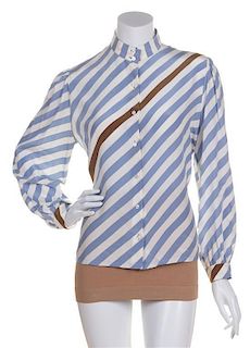 A Louis Feraud Ivory and Blue Silk Striped Blouse, Size 40.