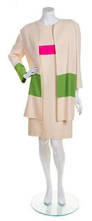 A Bill Blass Cream Color Block Crepe Dress Ensemble, Size 14.