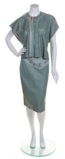 A Grass Orchids Green Leather Skirt Ensemble, Top size M, skirt size 8.