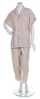 An Issey Miyake White and Taupe Cotton Pant Ensemble, Pant size M.