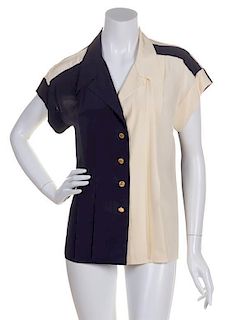 A Chanel Navy and Cream Silk Blouse,