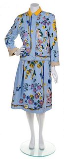 An Hermes Blue Cotton Floral Skirt Ensemble, Blouse size 36, skirt size 40.