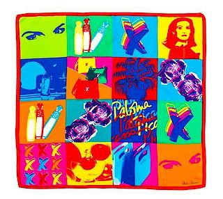 A Pair of Paloma Picasso Multicolor Silk Scarves, 34" x 34".