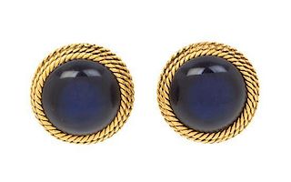 A Pair of Chanel Blue Glass Earclips, 1" x 1".