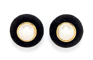A Pair of Chanel Faux Pearl and Black Velvet Earclips, 2" x 2".