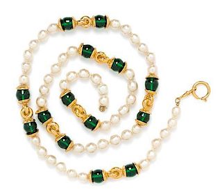 A Chanel Faux Pearl and Green Glass Bead Necklace, 36".