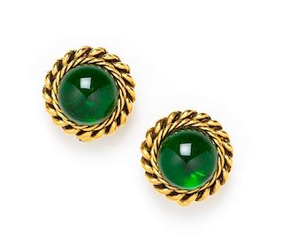 A Pair of Green Glass Earclips, 1" x 1".