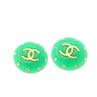 CHANEL Clip-on Earring Gold Tone Green CC 