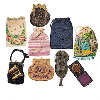 NINE ANTIQUE SILK BEADED OR EMBROIDERED PURSES & ACCESSORIES