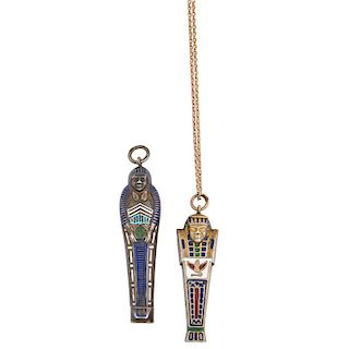 TWO EGYPTIAN REVIVAL ENAMELED SILVER MECHANICAL PENCILS