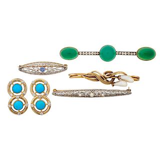 SIX GEM-SET GOLD BROOCHES OR EARRINGS
