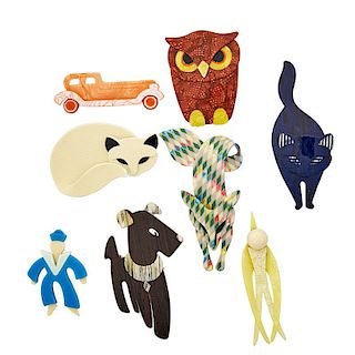 EIGHT WHIMSICAL LEA STEIN BROOCHES