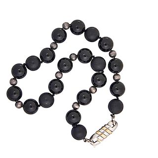 CARTIER ONYX & STERLING SILVER BEAD NECKLACE