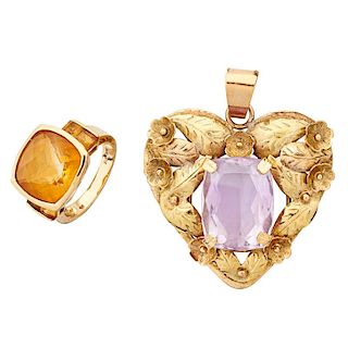 YELLOW GOLD & AMETHYST OR CITRINE BROOCH & RING