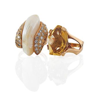 TWO ARTISANAL DIAMOND OR GEM SET YELLOW GOLD RINGS