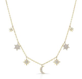 Diamond Pave Stars And Moon Dangling Disk Station Necklace In 14k Yellow Gold, 15-18 Adj Chain