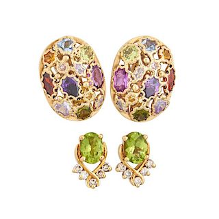 TWO PAIRS GEM OR DIAMOND SET YELLOW GOLD EARRINGS