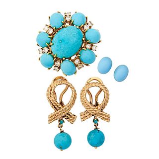 TURQUOISE & DIAMOND OR YELLOW GOLD RING & EARRINGS