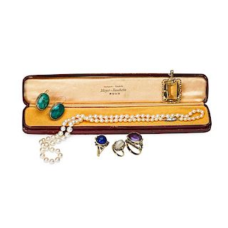 COLLECTION OF GEM-SET YELLOW GOLD JEWELRY, PEARLS