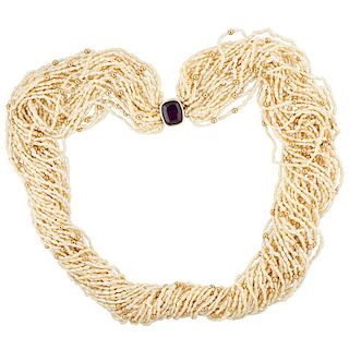 RICE PEARL, AMETHYST, YELLOW GOLD TORSADE NECKLACE