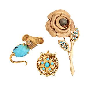 GROUP OF YELLOW GOLD & TURQUOISE JEWELRY