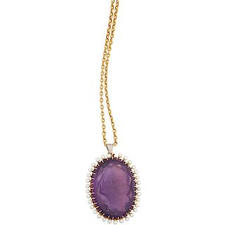 CARVED AMETHYST CAMEO, SEED PEARL, GOLD PENDANT