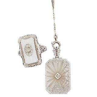 ART DECO CARVED ROCK CRYSTAL & WHITE GOLD SUITE