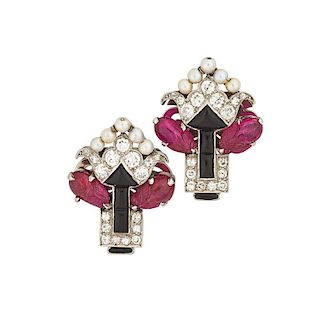 PAIR OF ART DECO JEWELED PLATINUM CLIPS WITH CARVED RUBIES