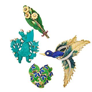 ENAMELED OR GEM SET YELLOW GOLD BROOCHES, INCL TIFFANY & CO.