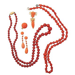 SIX PIECES OF ANTIQUE CORAL JEWELRY