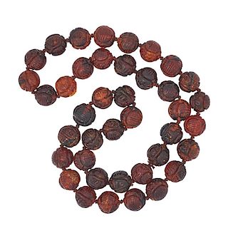 CHINESE CARVED AMBER BEAD NECKLACE