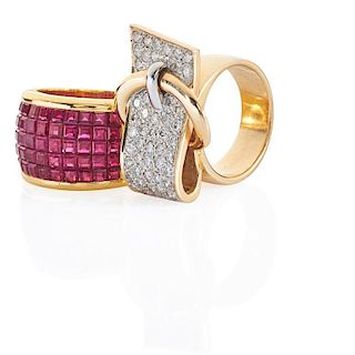 TWO DIAMOND OR RUBY SET GOLD RINGS