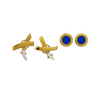 TWO PAIRS YELLOW GOLD DESIGNER EARRINGS