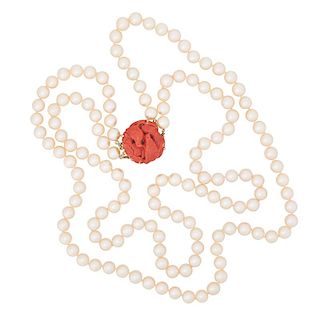 AKOYA PEARL & CARVED CORAL NECKLACE