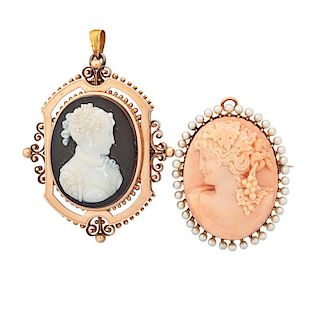 CARVED HARDSTONE OR CORAL CAMEO BROOCHES