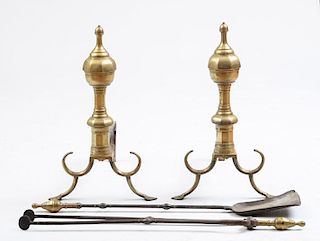 PAIR OF LARGE FEDERAL BRASS ANDIRONS, WITH MATCHING SHOVEL AND TONGS, C. 1820