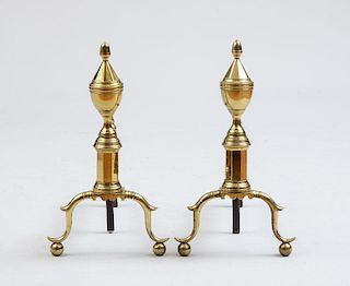 PAIR OF FEDERAL BRASS URN-TOP ANDIRONS, C. 1800