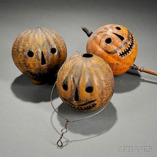 Three Painted Tin Jack-o'-Lanterns