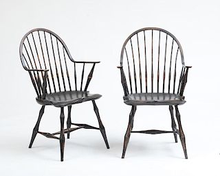 PAIR OF REPRODUCTION WINDSOR ARMCHAIRS IN BLACK PAINT, BY D. R. DIMES