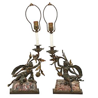 PAIR OF BRONZE AND MARBLE FIGURAL LAMPS