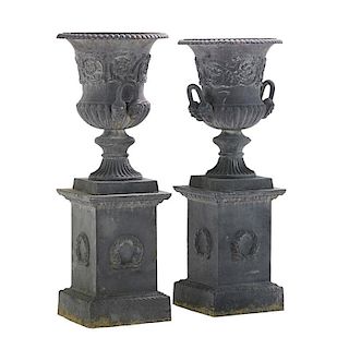 PAIR OF NEOCLASSICAL STYLE GALVANIZED STEEL URNS