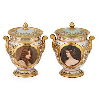 PAIR OF VIENNA PORTRAIT VASES WITH COVERS